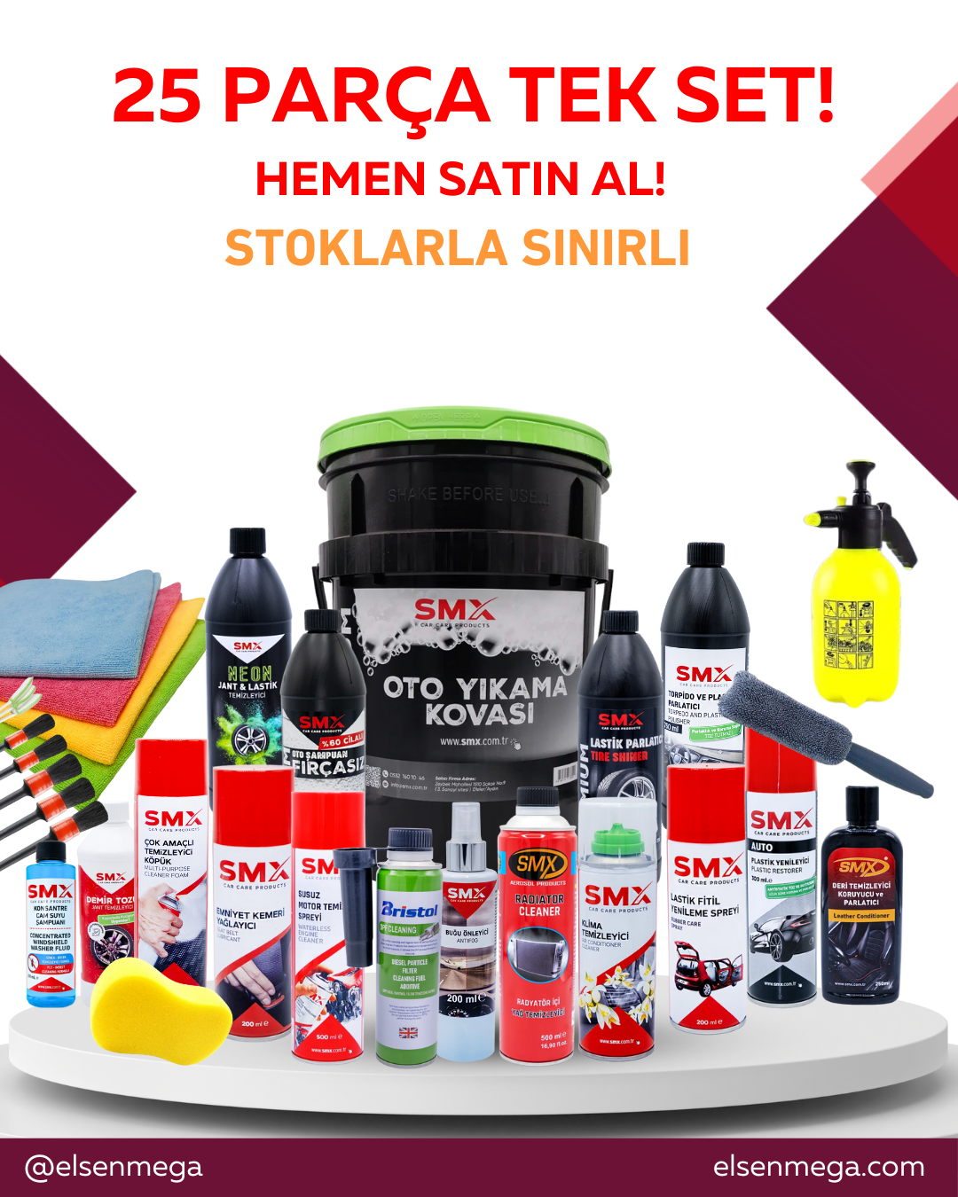 SMX 25’li Araç Bakım Seti – Tek Pakette Tüm Temizlik ve Parlatma Çözümleri