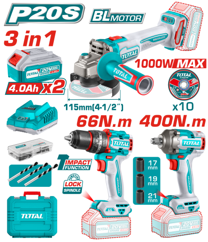 Total TOSLI241291E AVANTAJ SET 3 LÜ - DARBELİ MATKAP, TAŞLAMA, SOMUN SÖKME