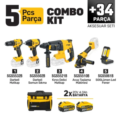 SGS5451 Combo Set 5 Parça (Darbeli Matkap/kırıcı-Delici Matkap/avuç Taslama Makinesi/darbeli Somun Sıkma/led Fener)
