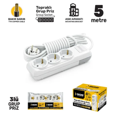 SGS3477 Grup Priz Topraklı Üçlü 5 Metre