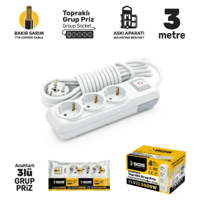 SGS3480 Grup Priz Topraklı Anahtarlı Üçlü 3 Metre