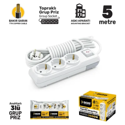 SGS3481 Grup Priz Topraklı Anahtarlı Üçlü 5 Metre