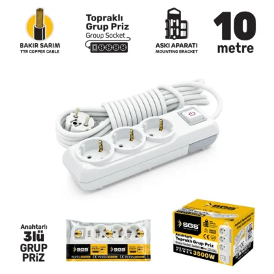 SGS3482 Grup Priz Topraklı Anahtarlı Üçlü 10 Metre