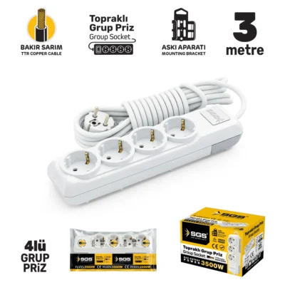 SGS3484 Grup Priz Topraklı Dörtlü 3 Metre