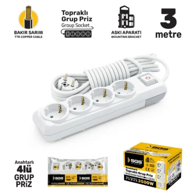 SGS3488 Grup Priz Topraklı Anahtarlı Dörtlü 3 Metre