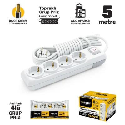 SGS3489 Grup Priz Topraklı Anahtarlı Dörtlü 5 Metre