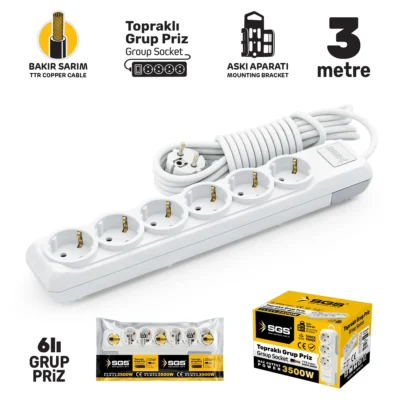 SGS3492 Grup Priz Topraklı Altılı 3 Metre