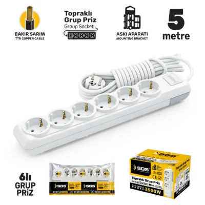 SGS3493 Grup Priz Topraklı Altılı 5 Metre