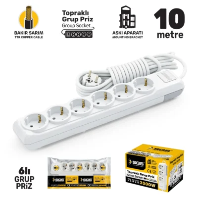 SGS3494 Grup Priz Topraklı Altılı 10 Metre