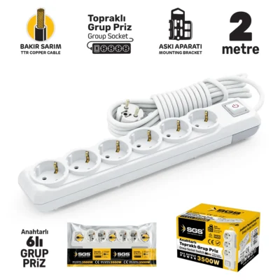 SGS3495 Grup Priz Topraklı Anahtarlı Altılı 2 Metre