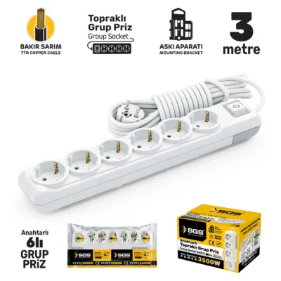 SGS3496 Grup Priz Topraklı Anahtarlı Altılı 3 Metre