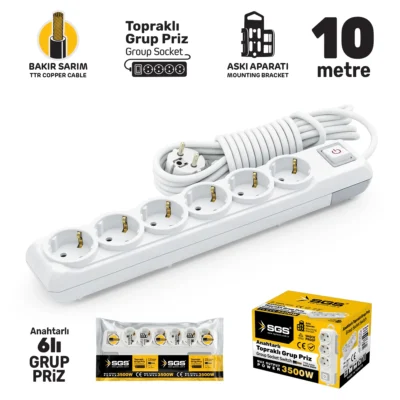 SGS3498 Grup Priz Topraklı Anahtarlı Altılı 10 Metre