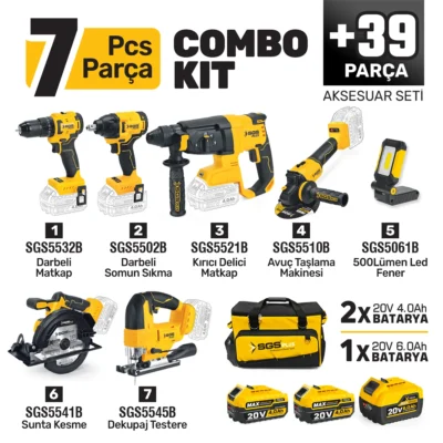SGS5452 Combo Set 7 Parça (Darbeli Matkap/kırıcı-Delici Matkap/darbeli Somun Sıkma/avuç Taslama Makinesi/sunta…